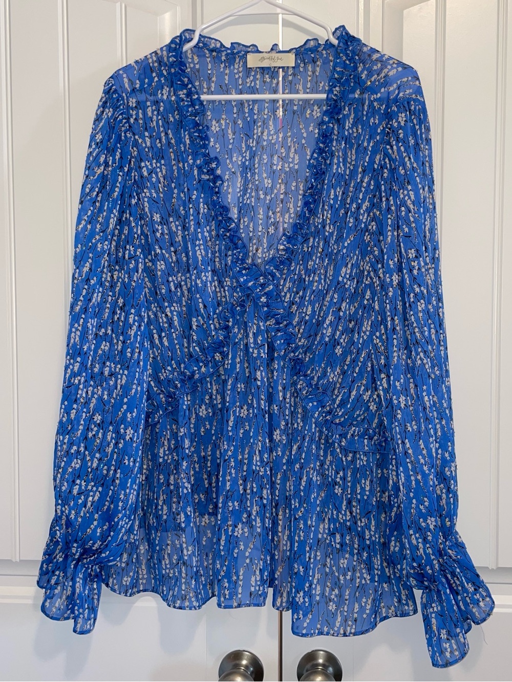 Ruffled Blue Floral V-Neck Blouse - by agave